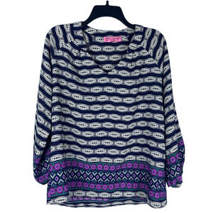 Almost Pink Tribal Print Long Sleeve V Neck Blue Purple Tunic Blouse Size Medium
